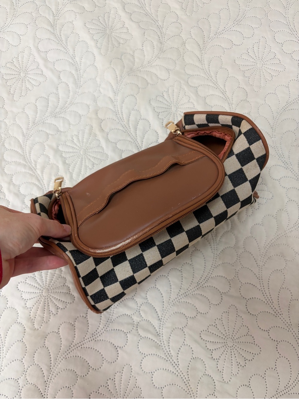 Brown Checkered Makeup/Toiletry Bag